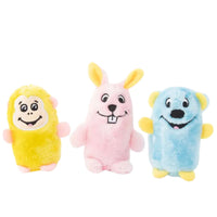 Three Zippy Paws Squeakie Buddies plush dog toys: a monkey, a bunny and a bear