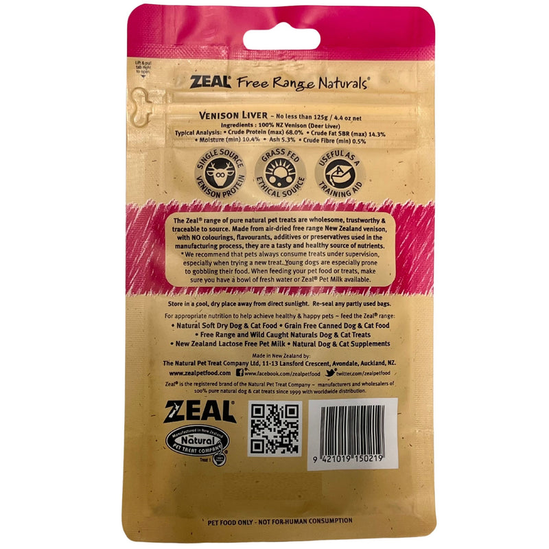 Zeal Free Range Naturals Venison Liver Pet Treats 125g | PeekAPaw Pet Supplies