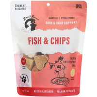 Mimi & Munch Fish & Chips dog treats with salmon, sweet potato and chia, front of the pouch