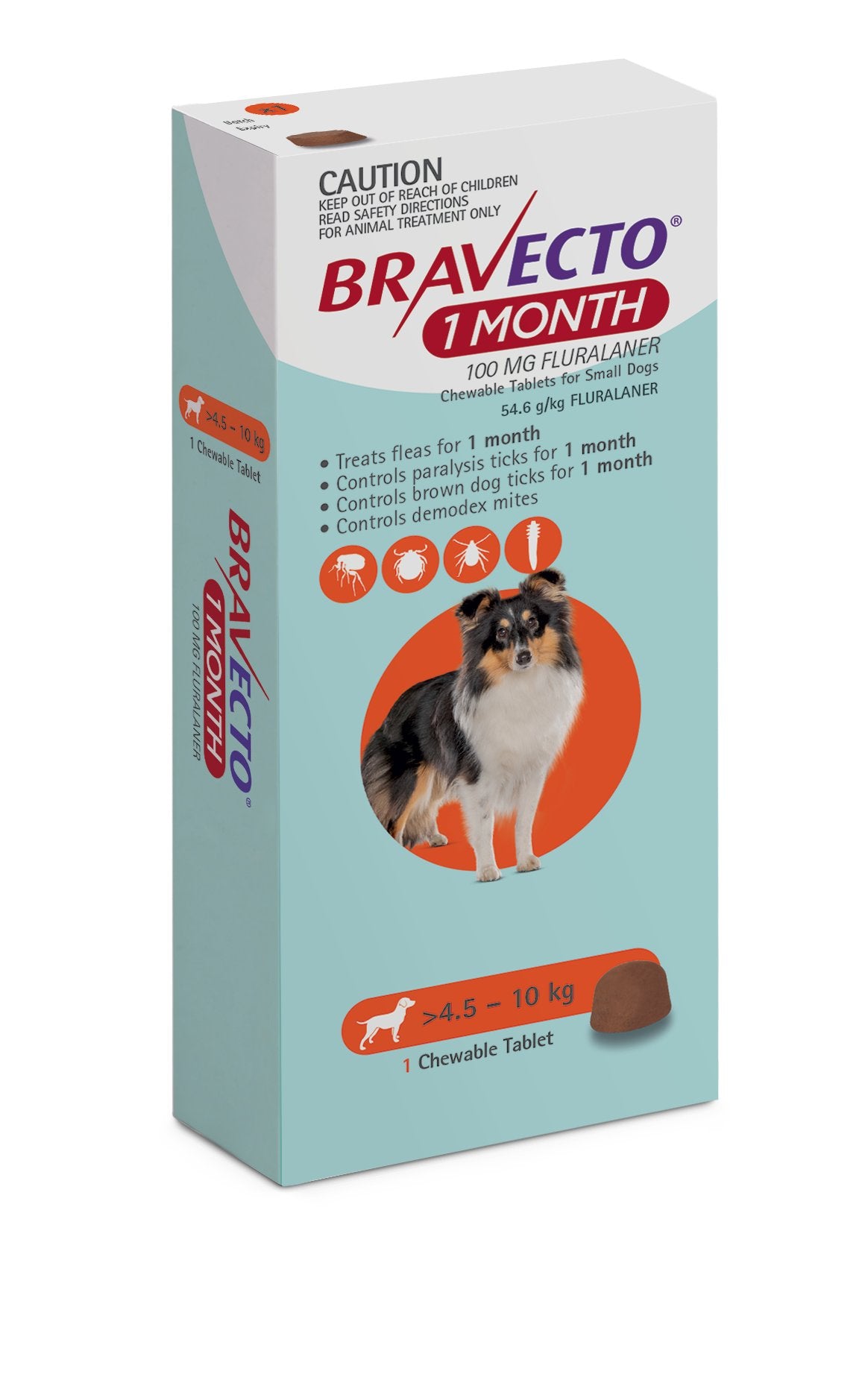 Bravecto 1 Month chewable carton for dogs, orange 4.5-10 kg band, single tablet