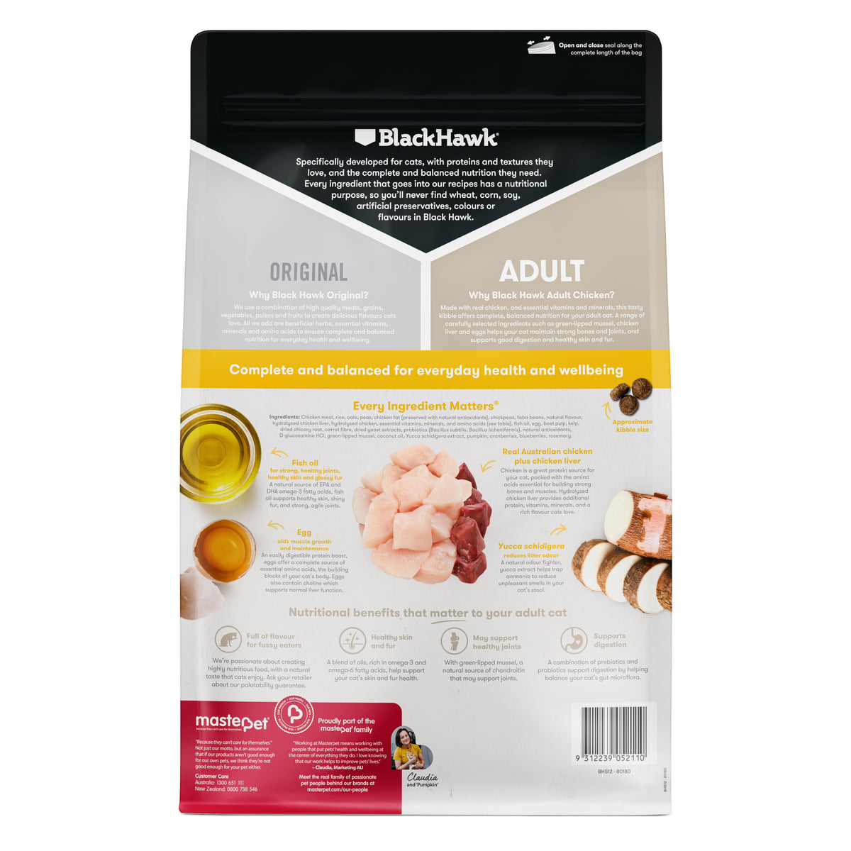 Black Hawk Original Adult Chicken dry cat food – back of pack with ingredients and feeding guide