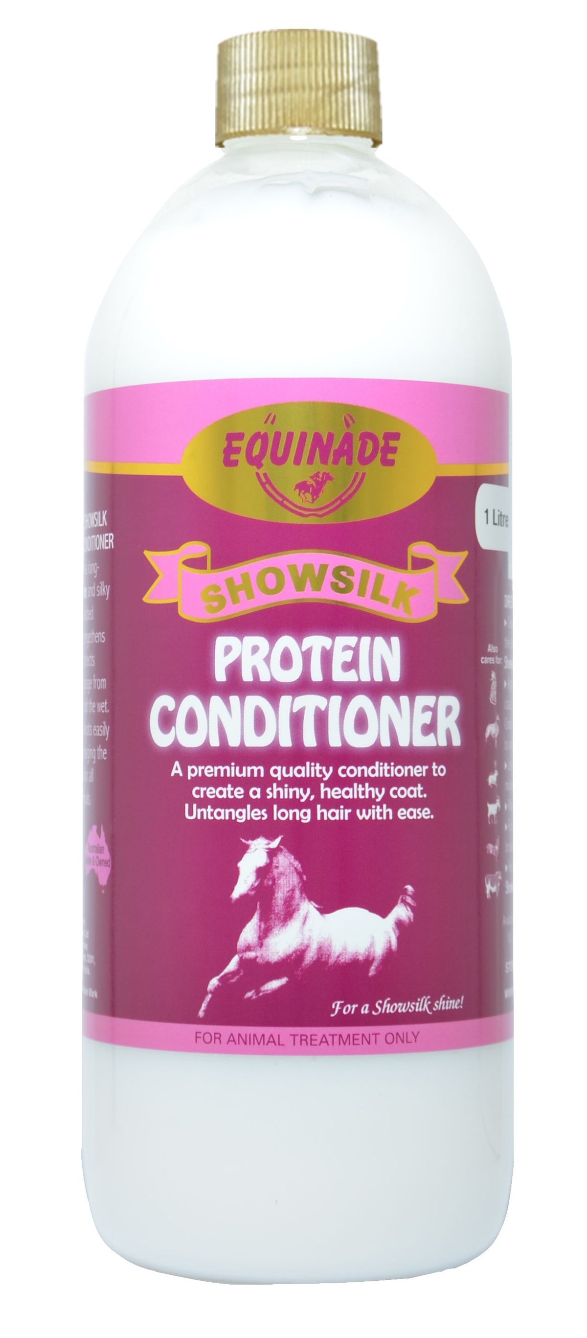 Equinade Showsilk Protein Conditioner for horses in a 1 litre bottle with the pink label