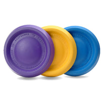 Three Starmark Easy Glide DuraFoam discs stacked in purple, yellow and blue