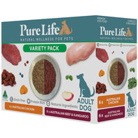 Pure Life wet dog food Variety Pack carton at an angle, 6 chicken and 6 beef and kangaroo