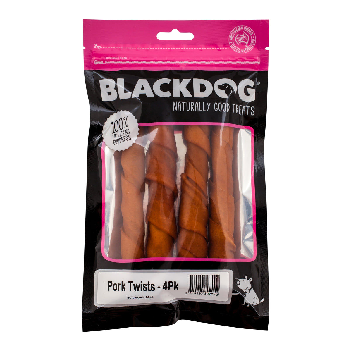BlackDog Pork Twists 4 pack – front of pack