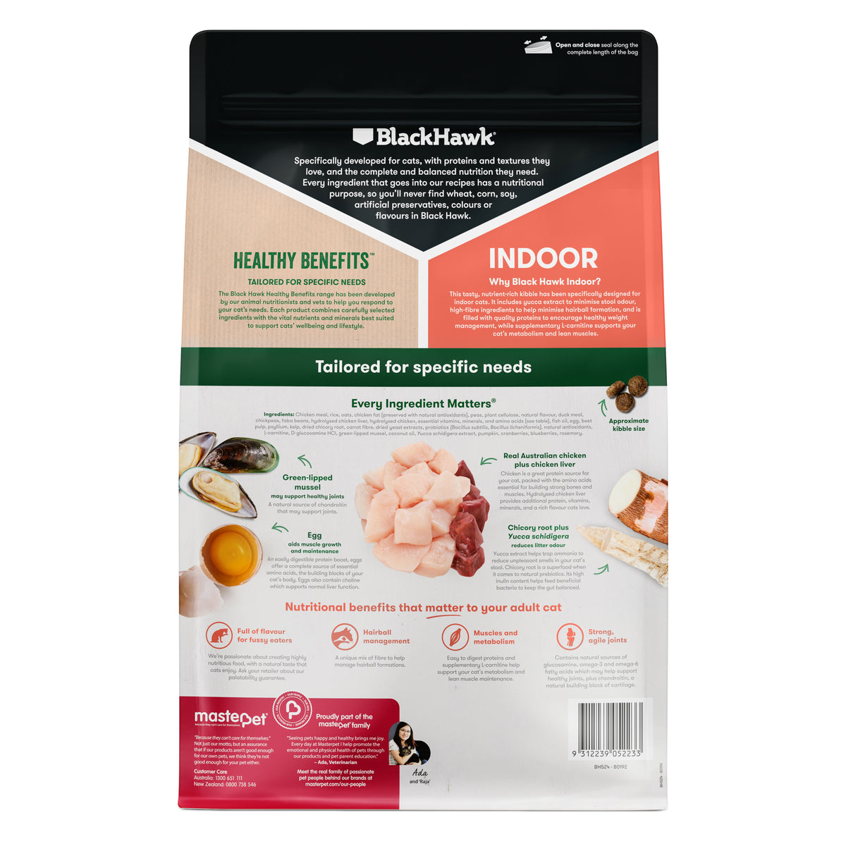 Black Hawk Healthy Benefits Indoor Adult Chicken dry cat food – back of pack with ingredients and benefits
