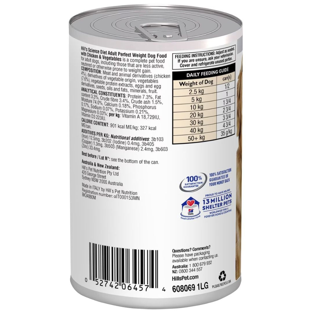 Hill's Science Diet Canned Dog Food Adult Perfect Weight with Chicken & Vegetable Recipe - Back | PeekAPaw Pet Supplies