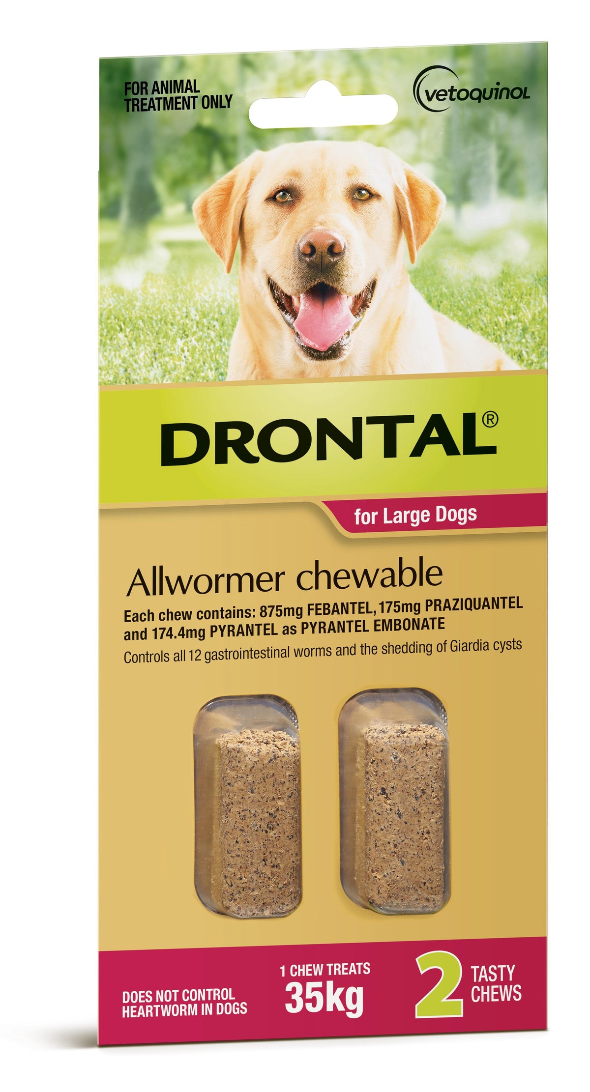 Drontal Allwormer chewable for large dogs up to 35kg, 2 chews – front of pack