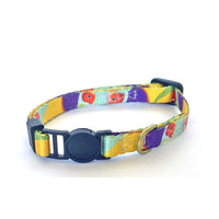Anipal Gigi the Gouldian Finch cat collar in yellow, purple and teal with a breakaway buckle