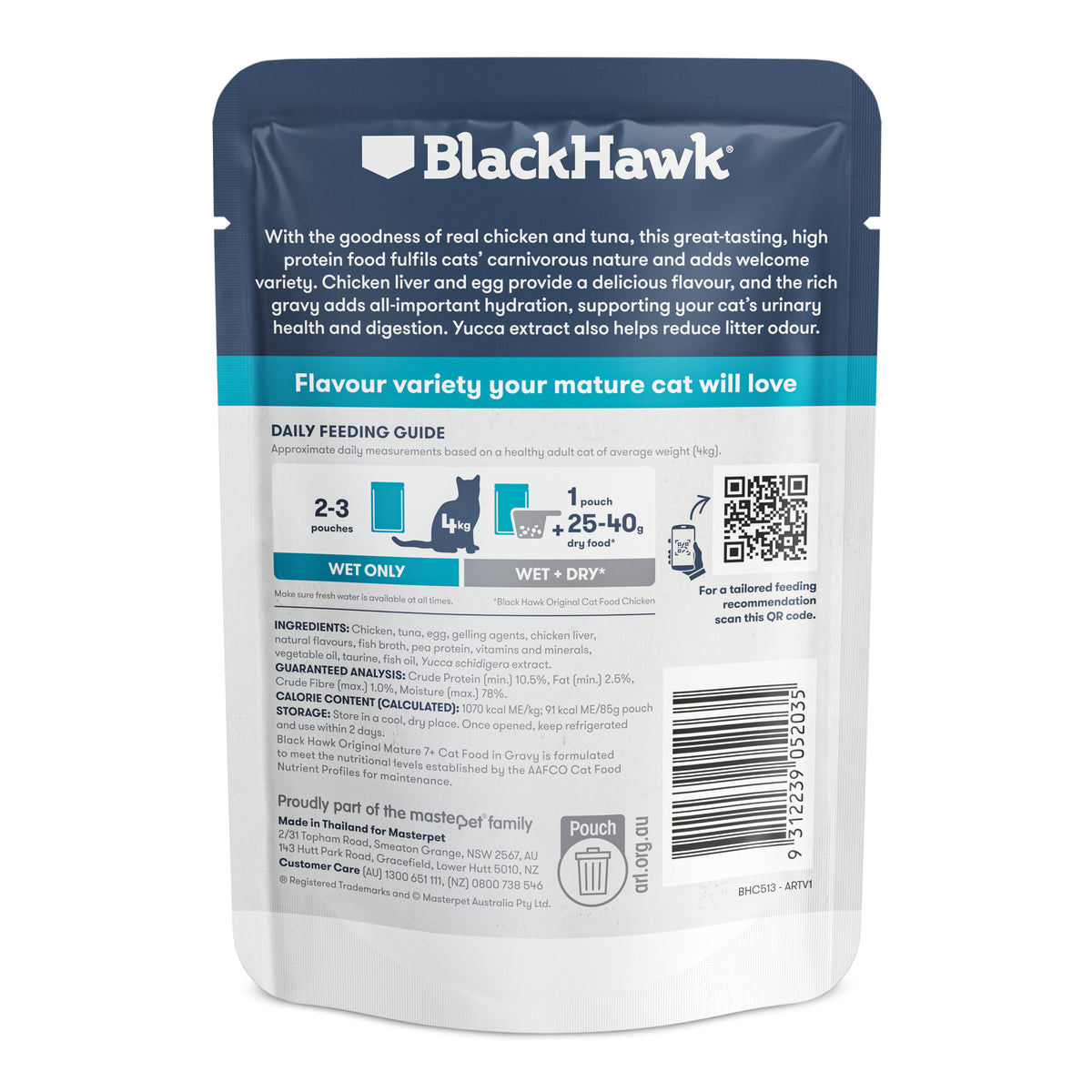 Black Hawk Original Mature 7+ Chicken & Tuna 85g pouch – back with feeding guide and ingredients