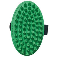 Artero grooming and bathing mitt in green, an oval rubber palm brush with soft nubs and a hand strap