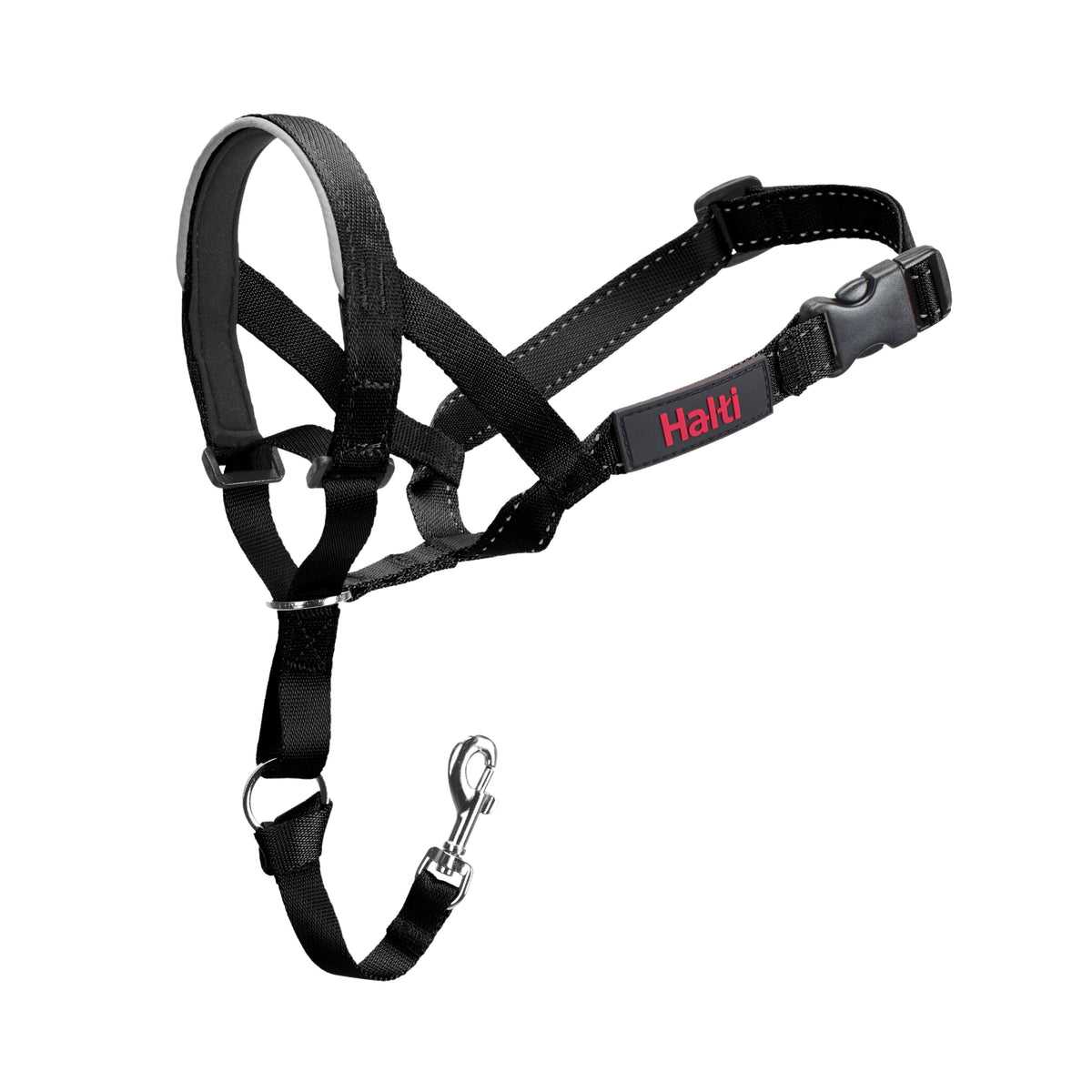 Halti Headcollar in black, padded noseband and safety link, laid flat