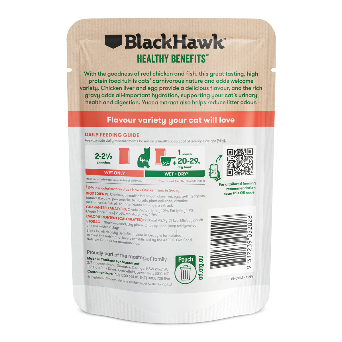 Black Hawk Healthy Benefits Indoor Chicken & Whitefish 85g pouch – back with feeding guide and ingredients