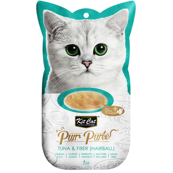 Kit Cat Purr Puree Cat Treats Tuna & Fiber Hairball - 15g x 4 | PeekAPaw Pet Supplies
