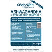 BetaVet Ashwagandha + Red Marine Minerals 500g pouch, front label with uses, feeding rate and contents panels