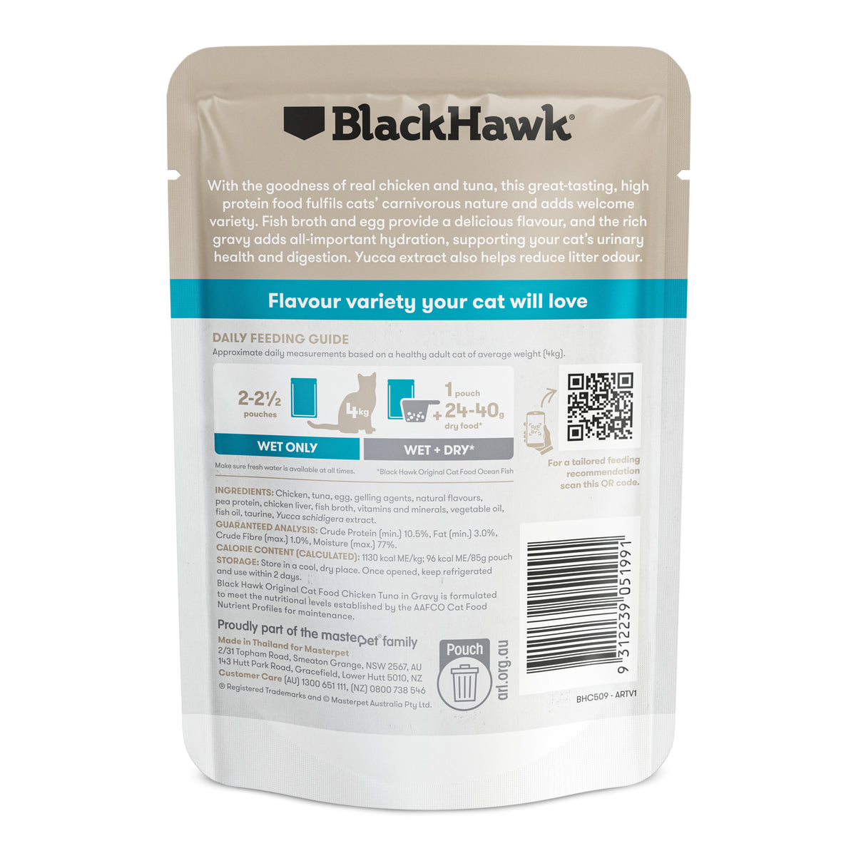 Black Hawk Original Adult Chicken & Tuna 85g pouch – back with feeding guide and ingredients