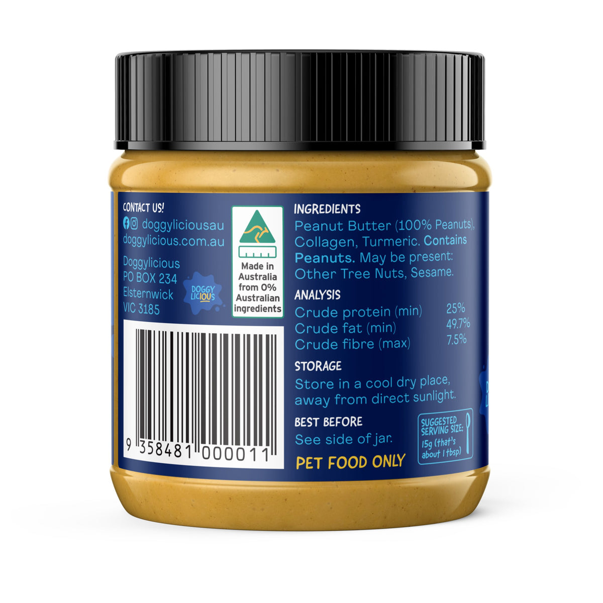 Doggylicious Doggy Butters Hip, Joint & Coat 250g jar – ingredients and guaranteed analysis panel