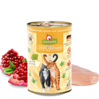 GranataPet DeliCatessen Chicken PUR tin, front of pack marked Pate and grain free, with a raw chicken breast and pomegranate