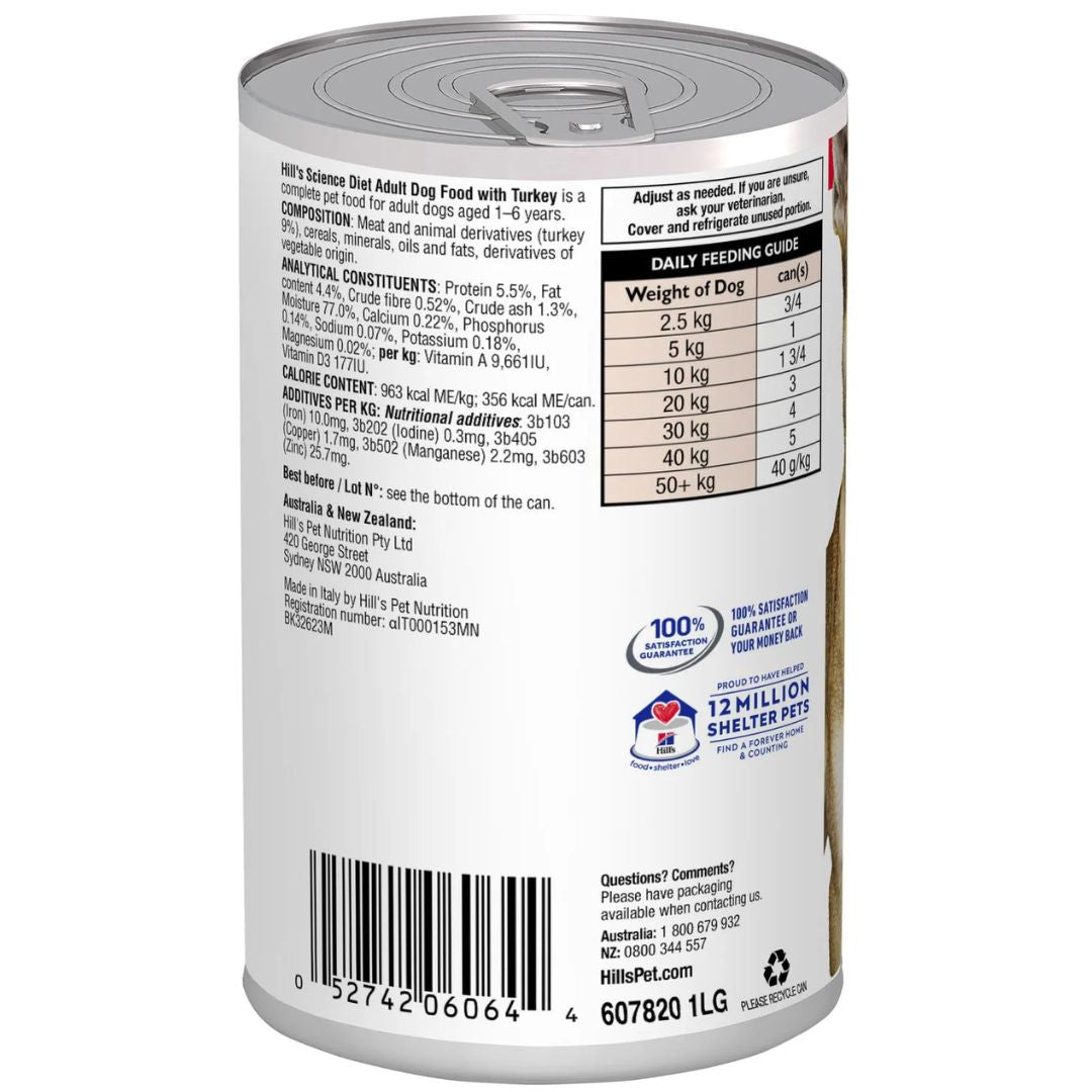 Hill's Science Diet Canned Dog Food Adult with Turkey - Back | PeekAPaw Pet Supplies