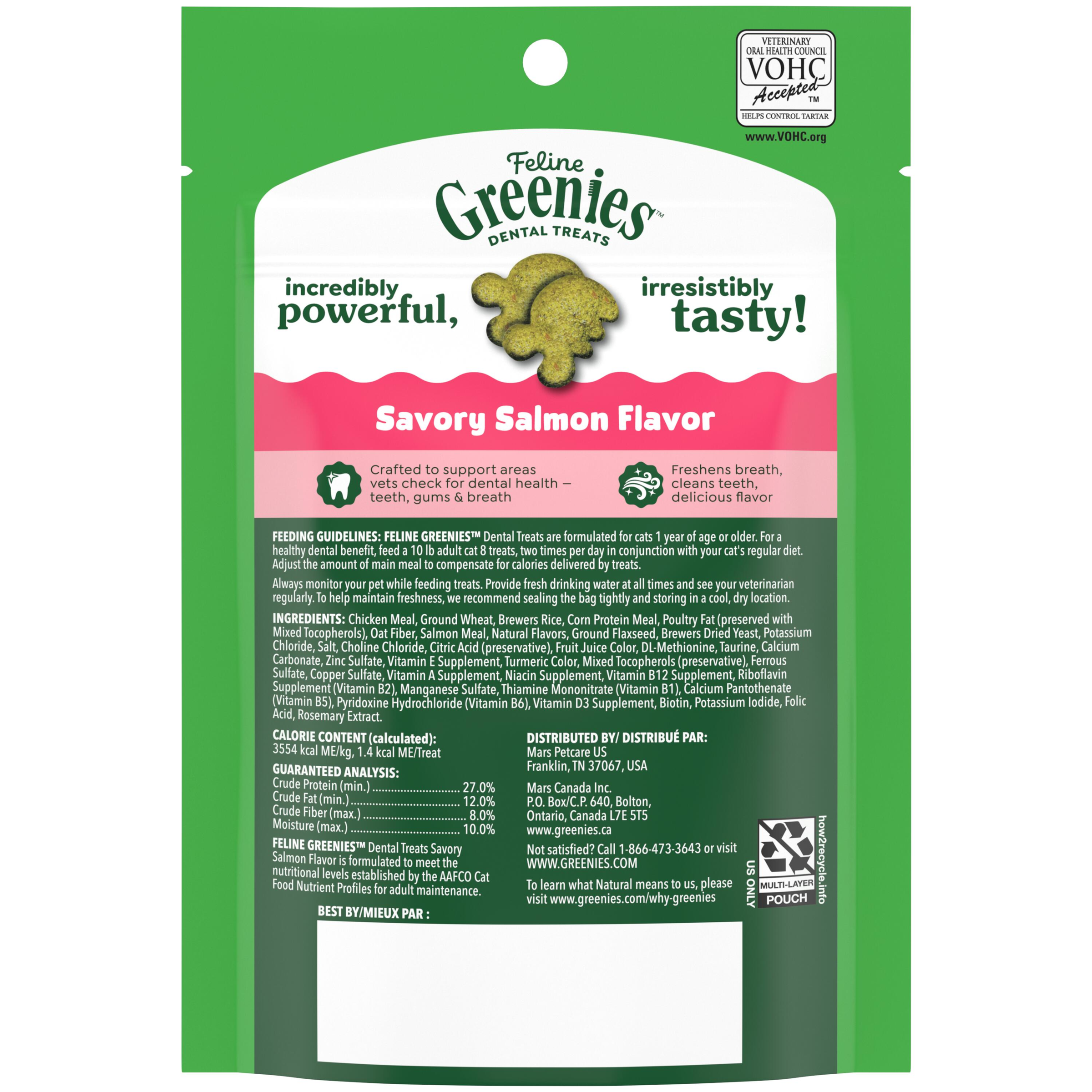 GREENIES Feline Dental Cat Treat Savoury Salmon Flavour back of pack