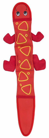 Outward Hound Fire Biterz lizard dog toy in red fire hose fabric with red legs and yellow markings