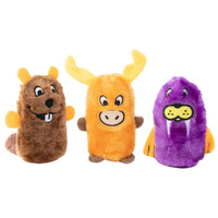 Three Zippy Paws Squeakie Buddies plush dog toys: a beaver, a moose and a walrus