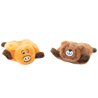 Zippy Paws Squeakie Pads flat plush dog toys: a moose and a bear, on a white background