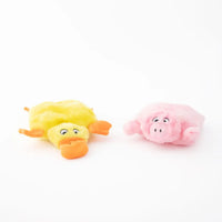 Zippy Paws Squeakie Pads flat plush dog toys: a yellow duck and a pink pig
