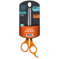 Wahl thinning scissors for dog grooming, orange handled, on their Wahl retail card