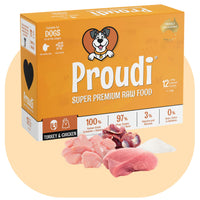 Proudi Turkey and Chicken Raw Patties for Dogs, 2.4kg box of frozen white meat raw dog food