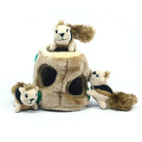 Outward Hound Hide-A-Squirrel plush puzzle in size Small, a tree trunk with plush squirrels