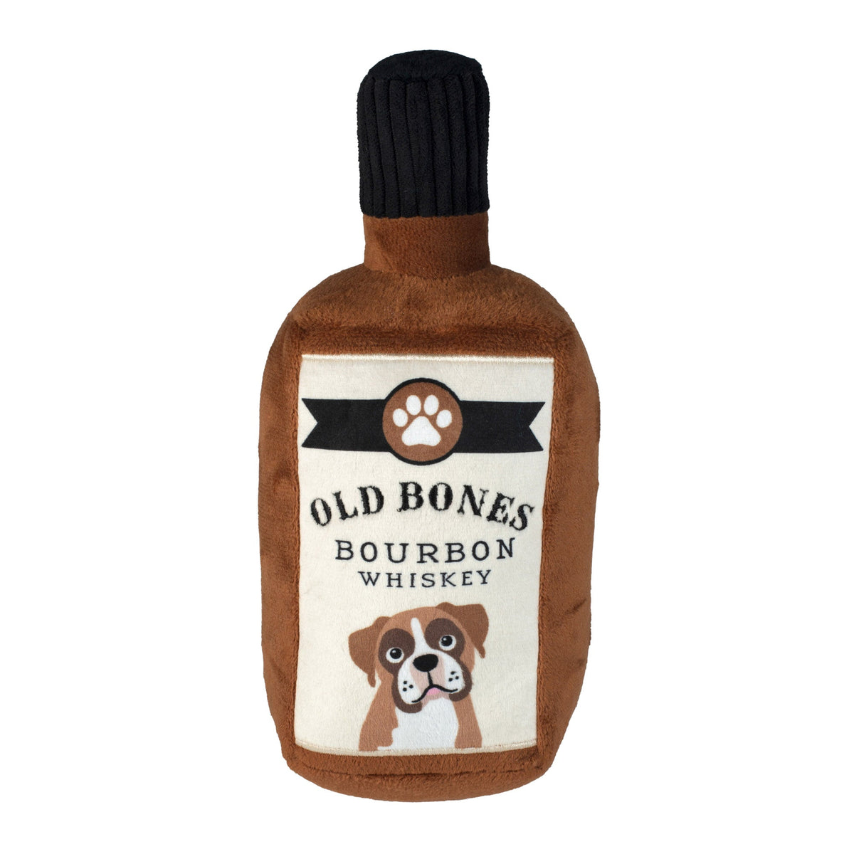 Fringe Studio Plush Squeaker Dog Toy - Old Bones Whiskey — front view