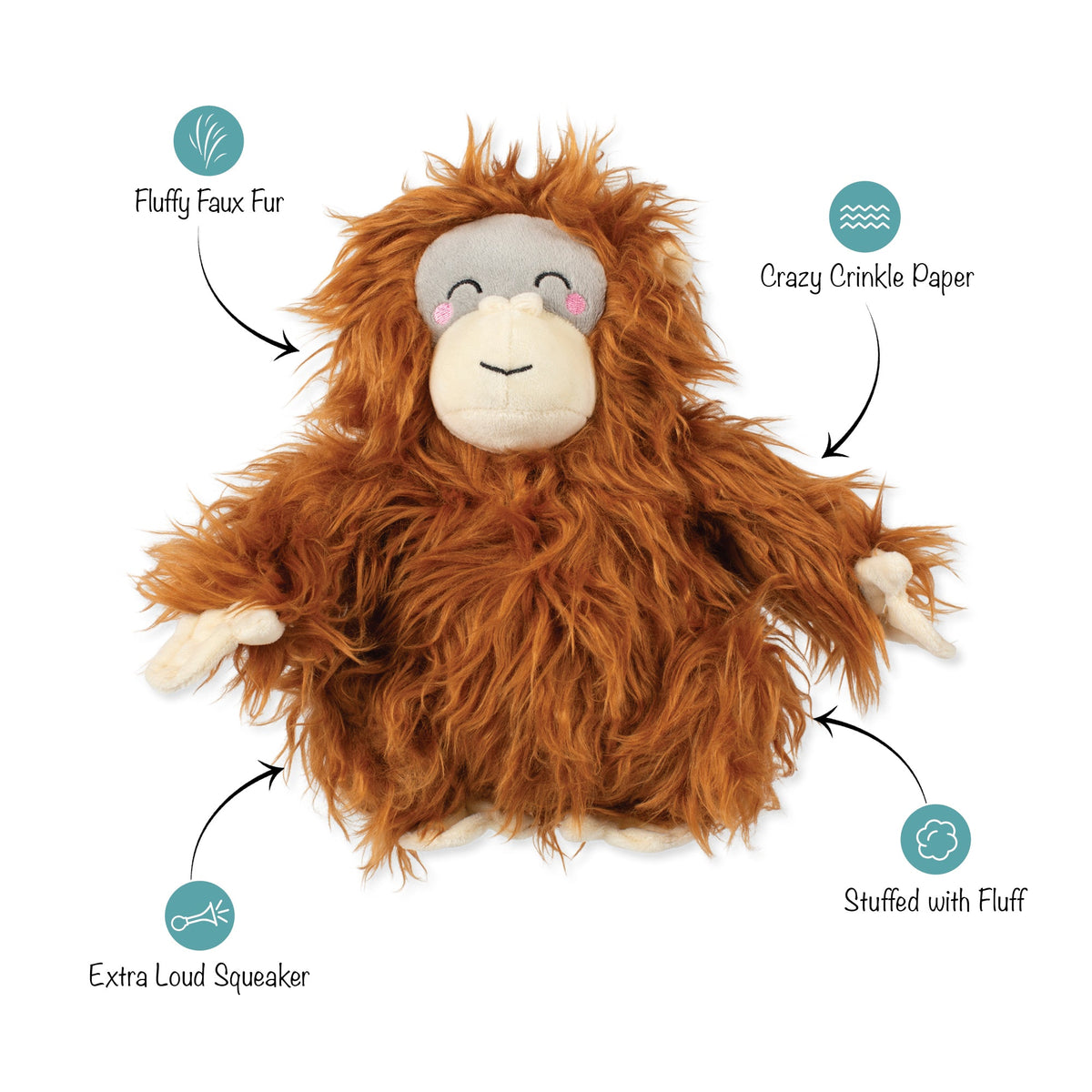 Fringe Studio Plush Squeaker Dog Toy - Oranga Hug — feature callouts