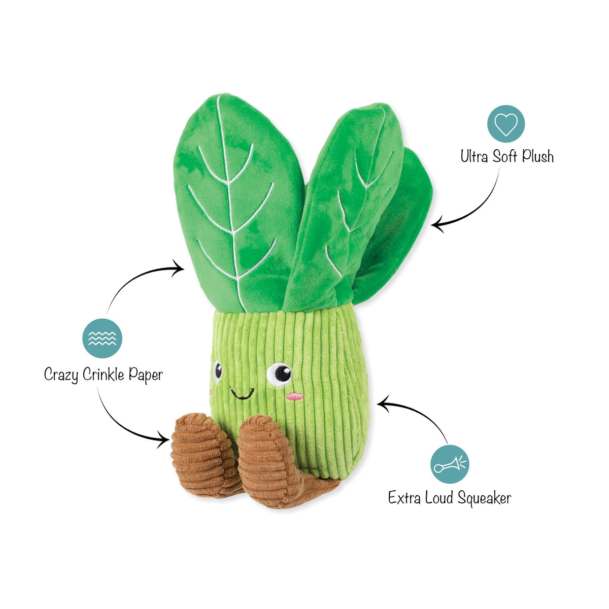 Fringe Studio Plush Squeaker Dog Toy - I'll Be Bok — feature callouts