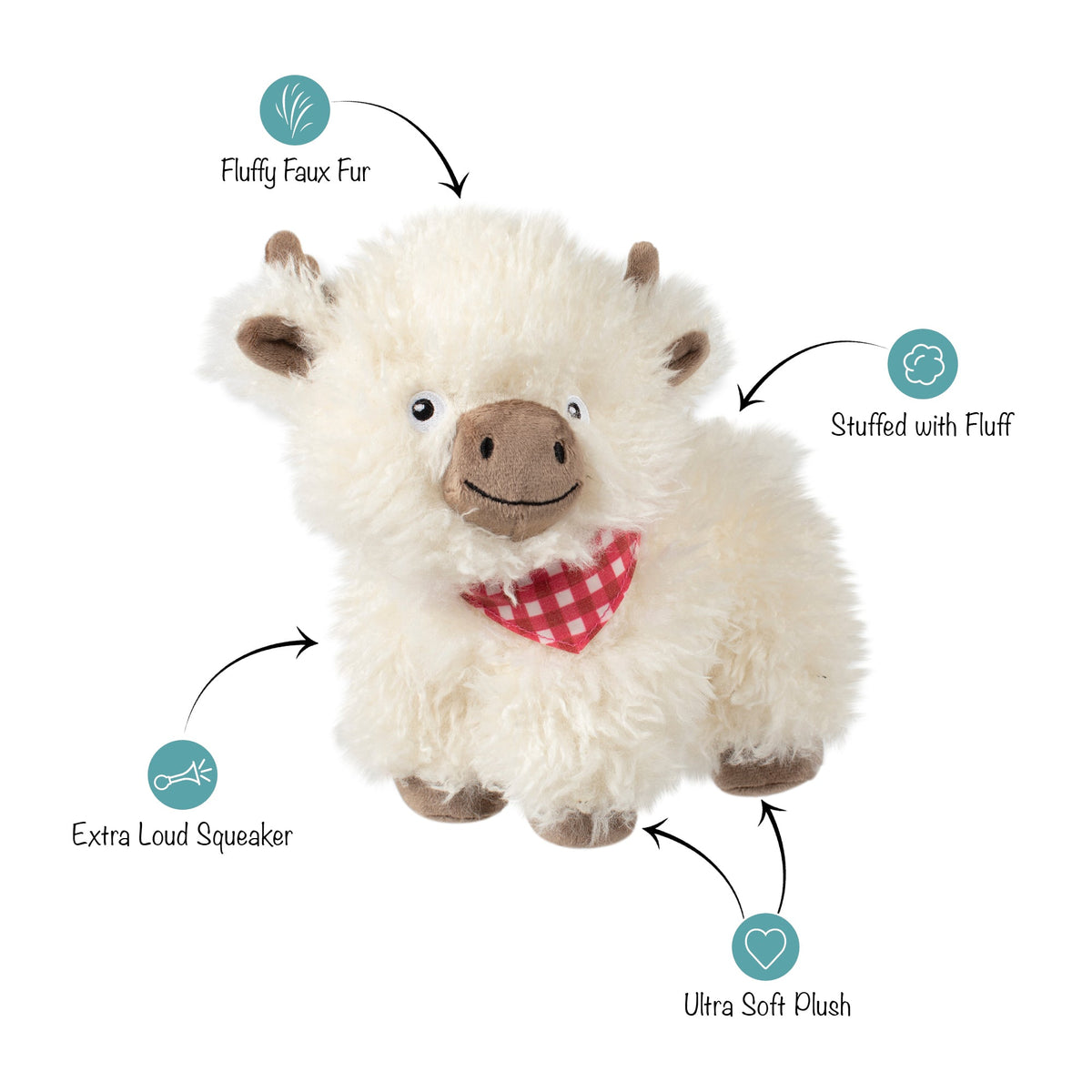 Fringe Studio Plush Squeaker Dog Toy - Hair Today Cuddle Tomorrow — feature callouts