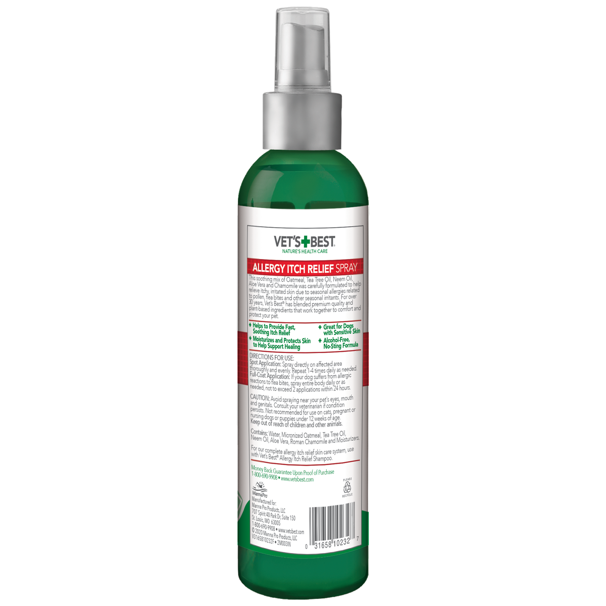 Vet's Best Allergy Itch Relief Spray back label with the ingredient list and directions