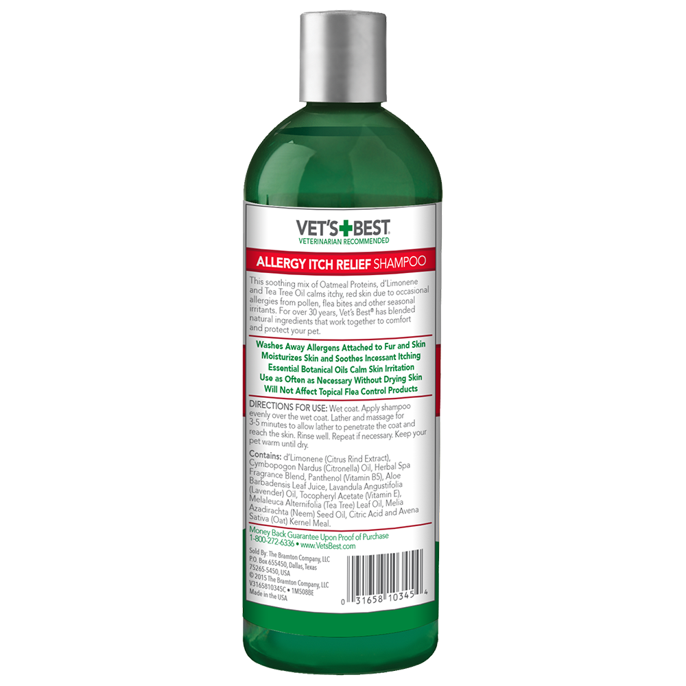 Vet's Best Allergy Itch Relief Shampoo back label with the ingredient list and directions