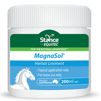 Stance Equitec MagnaSol herbal liniment for topical use on horses in a 200ml jar