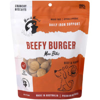 Mimi & Munch Beefy Burger Mini Bites dog treats with beef and pumpkin, front of the 180g pouch