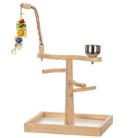 Beak Joy Birdie's Play & Snack Gym, a timber perch stand with a steel cup, tray and hanging toy