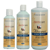 The three Aloveen Oatmeal Shampoo bottle sizes lined up together