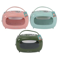 All three M-Pets SIXTIES Classic carriers together in pink, mint and olive, retro radio styling with hang tags