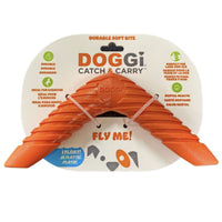 Doggi Catch and Carry boomerang dog toy in its retail packaging, marked Fly Me