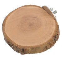 Beak Joy Birdie Apple Wood Platform, a round apple wood slice with bark edge and a cage bolt