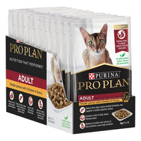 PRO PLAN Adult Tender pieces with Chicken in Gravy carton with the twelve 85g pouches fanned out