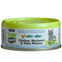 YumGuard Chicken, Mackerel & Hake Mousse kitten food, front of the 60g x 12 pack