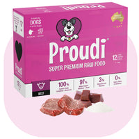 Proudi Beef Raw Patties for Dogs, 2.4kg box of frozen single-protein raw dog food