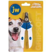 JW GripSoft Deluxe Nail Clipper in medium on its retail card, with a Jack Russell photo