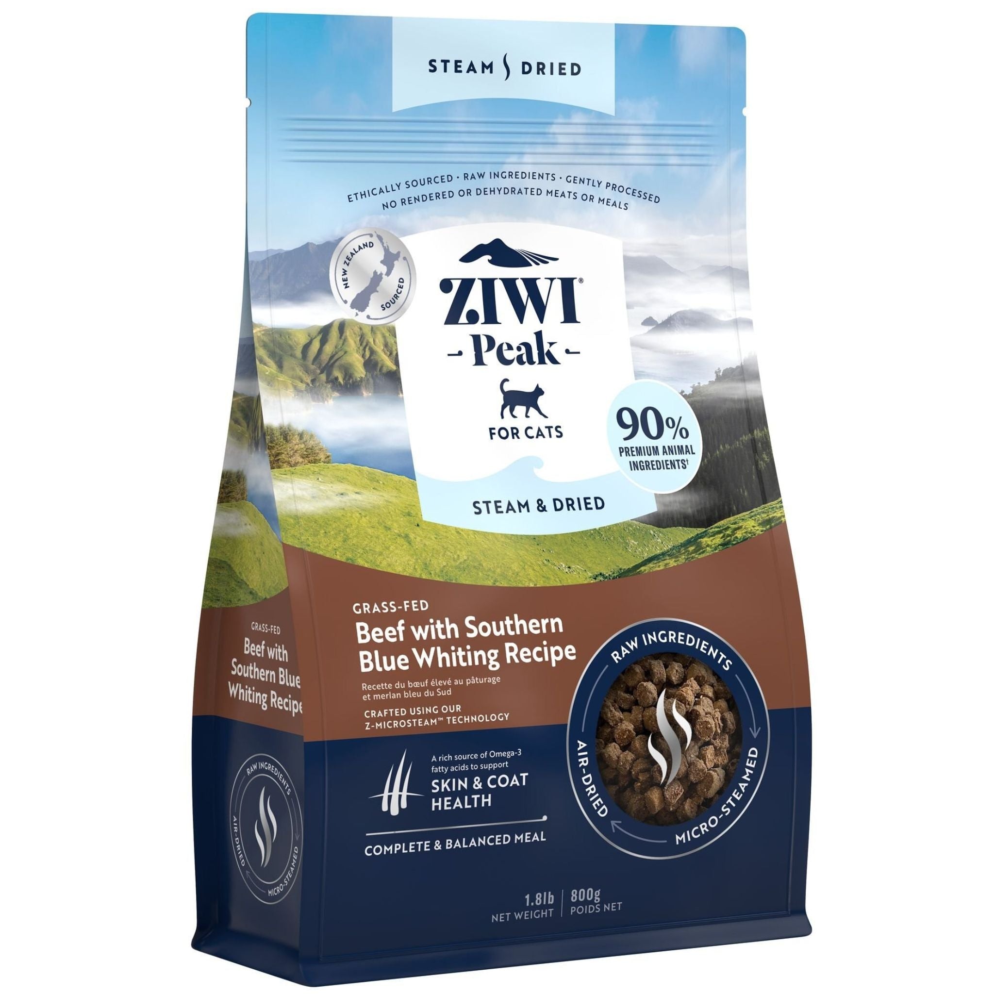 Ziwi Peak Steam and Dried Cat Food Grass-Fed Beef with Southern Blue Whiting