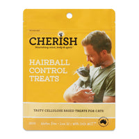 Front of the 120g Cherish Hairball Control Treats pouch for cats, cellulose based, with a man holding a cat